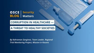 Medical items like syringes and gloves on a blue background, with text about healthcare corruption.