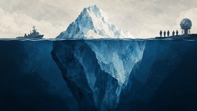 Iceberg floating in ocean with underwater portion visible, ship on left, and group of people observing from land on right.