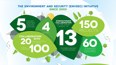 Green infographic with numbers in leaves: 5, 4, 13, 150, 60, representing initiative achievements since 2003.